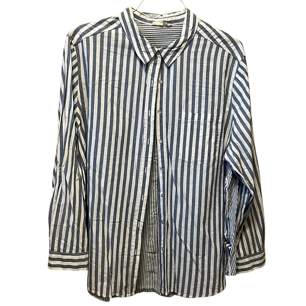 Jane and Delancey 2X Blue White Striped‎ Button Down Cotton Long Sleeve Blouse